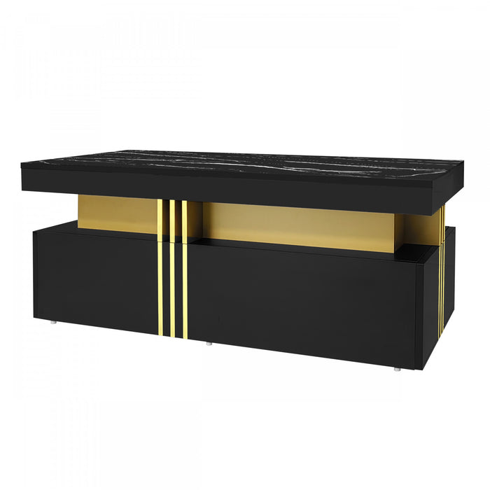 Noah table basse moderne – table avec plateau a motif marbre et tiroirs de rangement, noir