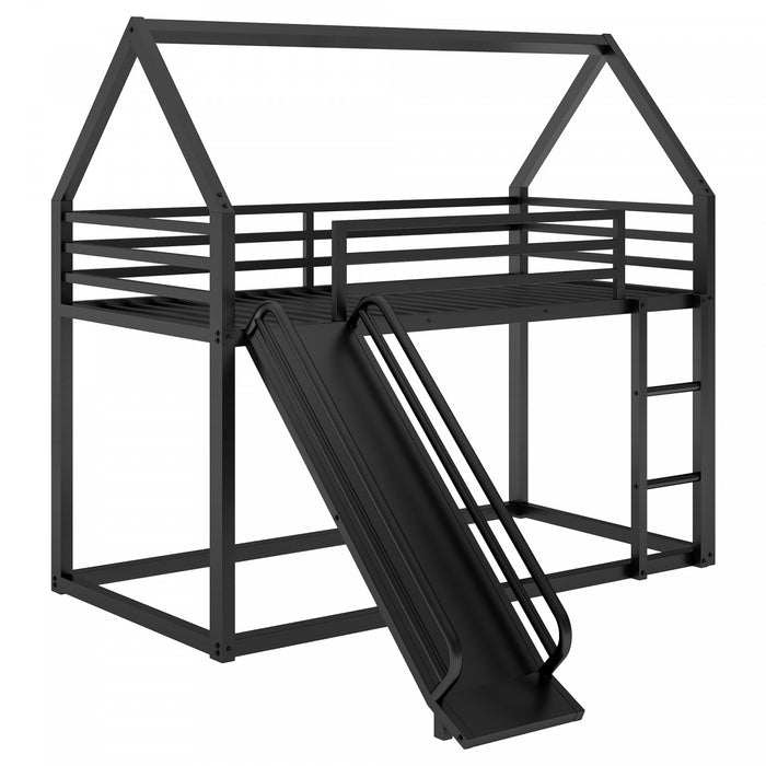 Lits superposes Liam en metal avec echelle et toboggan, taille Twin sur Twin, noir
