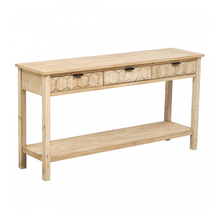 Table d'entree Oliver 60'' en placage de sapin avec design en nid d'abeille et tiroirs, naturel
