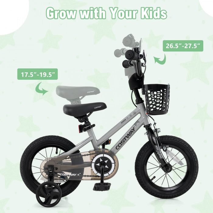 Costway 12\" Velo Pour Enfants Avec Roues D'entrainement Guidon Reglable Et Frein A Main De Siege Argent