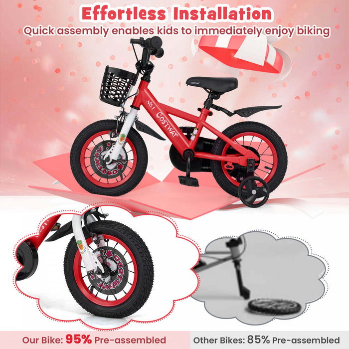 Costway 12\" Velo Pour Enfants Pour 3-4 Avec Guidon Reglable En Hauteur Et Frein A Main En Selle Rouge