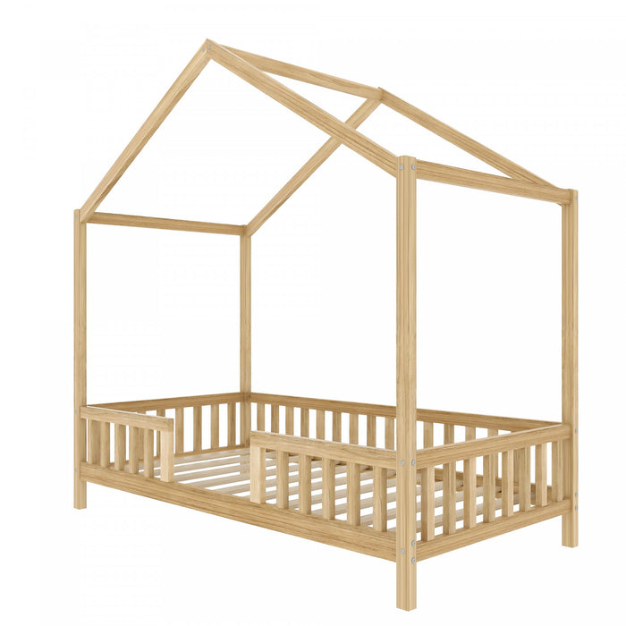 Paul Lit Montessori au sol avec baldaquin et barrieres hautes, Taille Simple, Bois Naturel