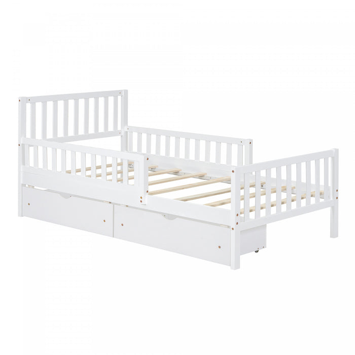 Emma – Lit Plateforme en Bois avec Barrieres de Protection et Tiroirs de Rangement, Format Simple - Blanc