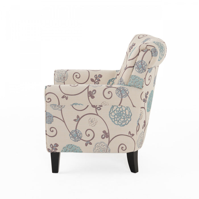 Fauteuil D’appoint Catherine En Tissu aspect lin Avec Pieds En Bois - Blanc Et Bleu