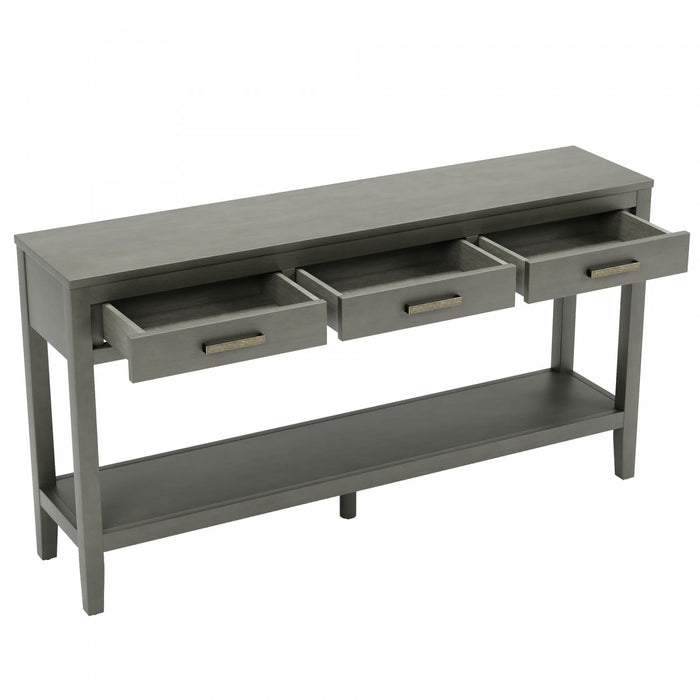 Table d'entree Emma 59,1'' de style ferme avec tiroirs et etagere ouverte, grise