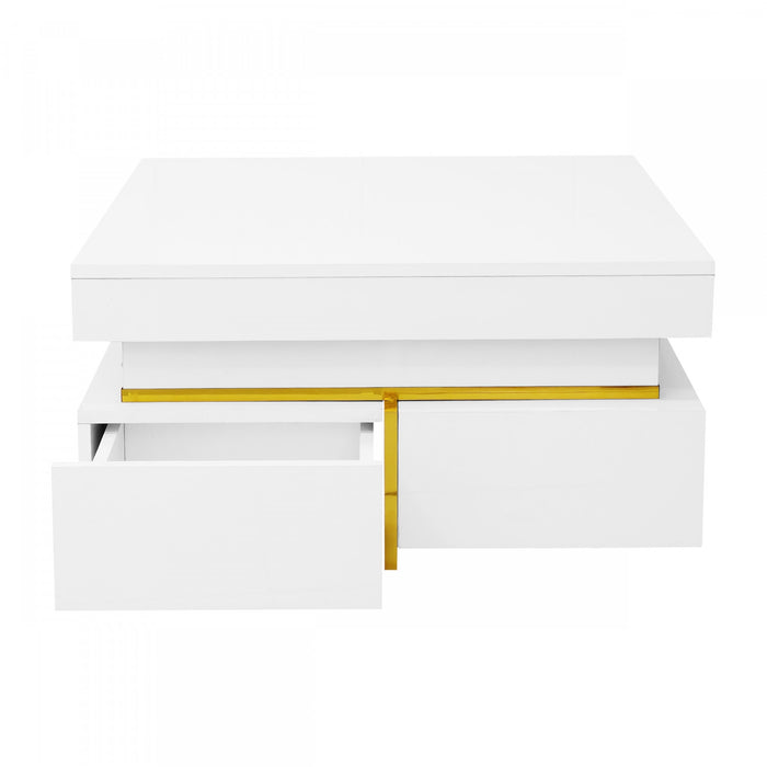Ava Table Basse a Fini Haute Brillance avec Tiroirs de Rangement et Accents Dores, Blanc