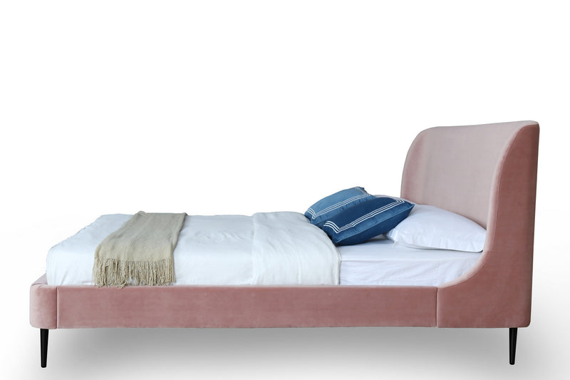 Lit Queen Heather style milieu du siecle moderne, tapisse de velours rose poudre et noir