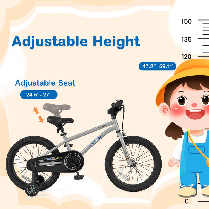 Velo Costway 18 Pouces Pour Enfants De 4 A 8 Ans Avec Selle Reglable Et Guidon Antiderapant Argent