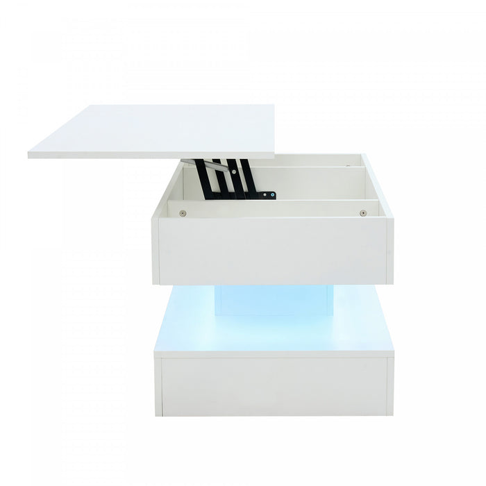 Flexi Table Basse Relevable Hydraulique 39.9 po avec Eclairage LED et Rangement Cache, Blanc
