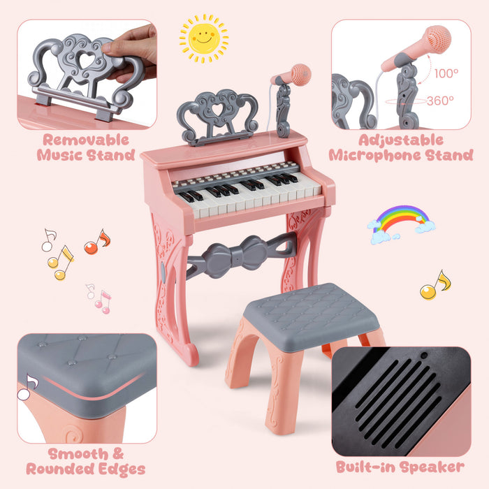 Costway Mini Clavier Piano pour Enfants 25 Touches, Hauteur 17,5 po, Piano Electrique avec Tabouret, Pupitre et Microphone