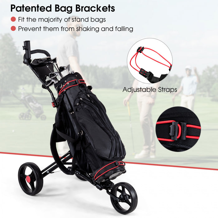Caddie De Golf Pliable 3 Roues En Acier A Pousser Ou Tirer Avec Porte-parapluie