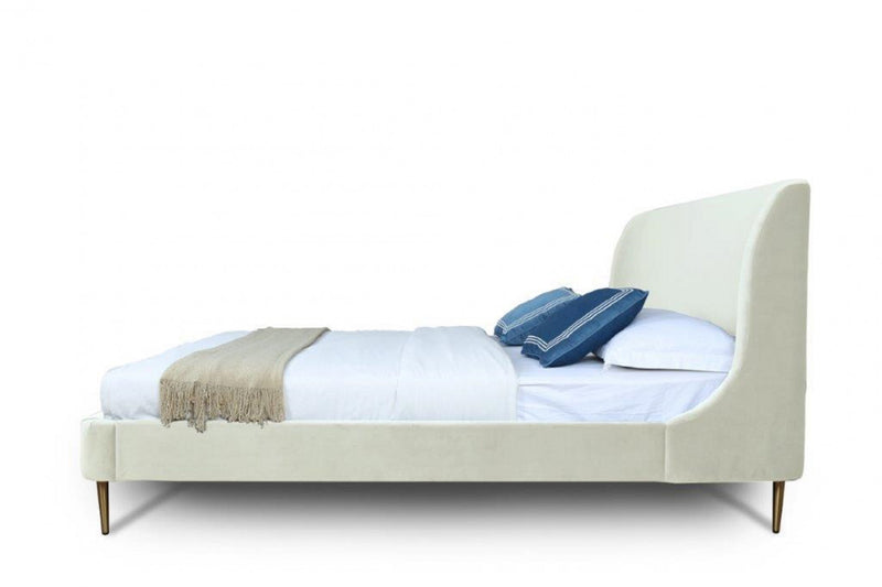 Lit Queen Heather style milieu du siecle moderne, rembourre en velours creme et or