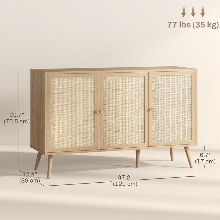 HOMCOM Buffet de cuisine avec 3 etageres portes en rotin, bois naturel