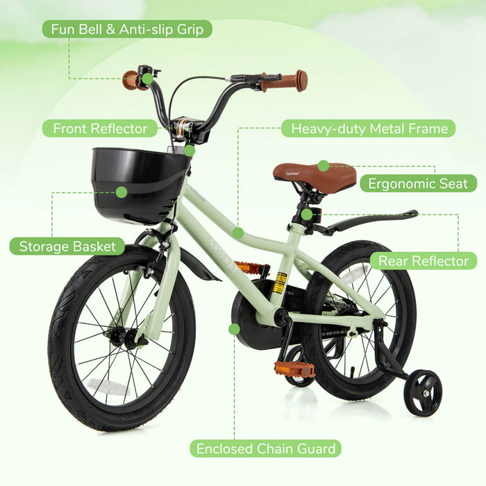Costway 16\" Velo Pour Enfants Avec Roues D'entrainement Guidon Reglable Et Frein A Main Du Siege Vert