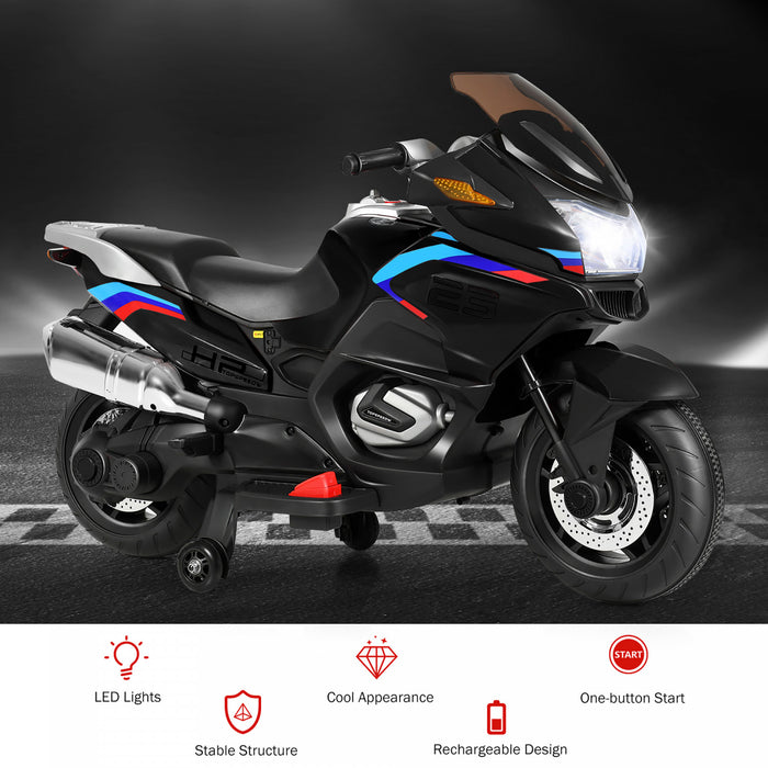 Moto Electrique 12v Pour Enfants Avec Roues D'entrainement Et Eclairage, Noir