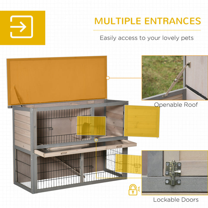 Pawhut Clapier A Lapin A 2 Etages Cage A Lapin Pour Petit Animal Avec Plateau Coulissant, Enclos, Dessus Ouvrable, Rampe, Pour Interieur Exterieur 42.5\" X 18\" X 31\"