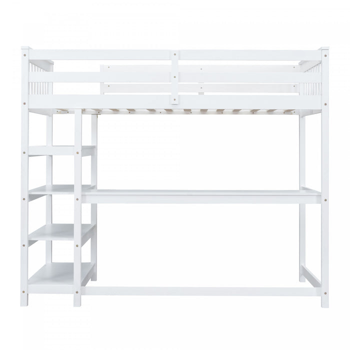 Victoria – Lit Mezzanine Simple En Bois Massif Avec Bureau, Etageres De Rangement Et Eclairage Del – Blanc