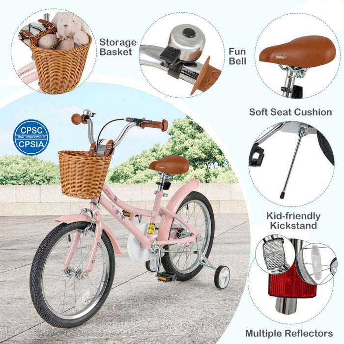 Costway 18\" Velo Enfants Avec Guidon Reglable En Hauteur Siege Panier Cloche Roues D'entrainement Rose