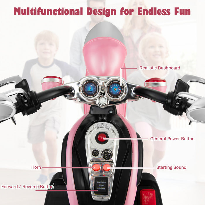 Costway 6v Kids Ride On Chopper Moto 3 Roues Trike Avec Phare Et Corne Rose