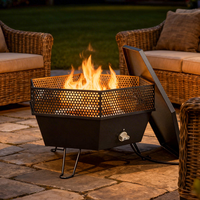 Outsunny Brasero exterieur pliable au propane avec couvercle, noir