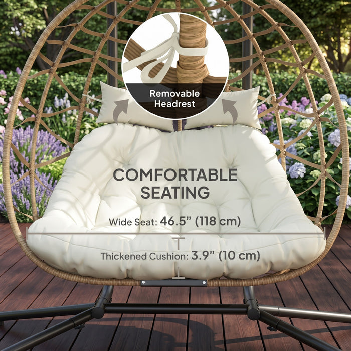 Outsunny Chaise Suspendue Double Œuf avec Auvent, Chaise Balancelle Pliable, Beige
