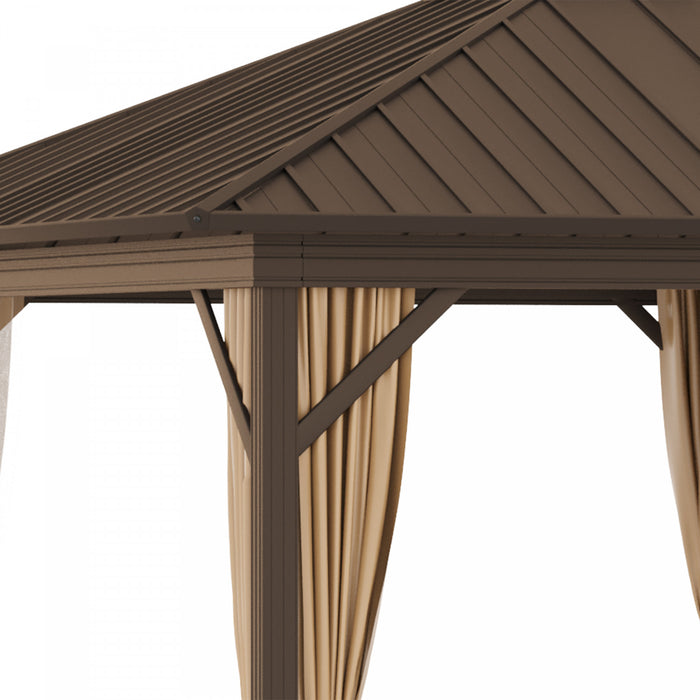 Outsunny 10' X 12' Tonnelle Exterieur A Toit Rigide Gazebo De Terrasse En Toit En Metal Avec Cadre En Aluminium, Filets En Maille, Rideaux, Et Espace Interieur Spacieux, Marron