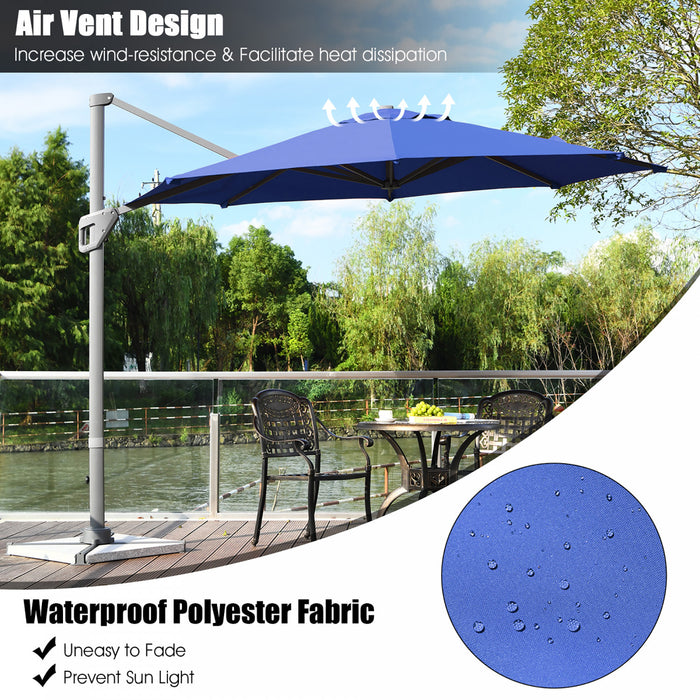 Costway Parasol deporte 11ft pour terrasse a rotation cantilever, aluminium, inclinable, base croisee, bleu marine