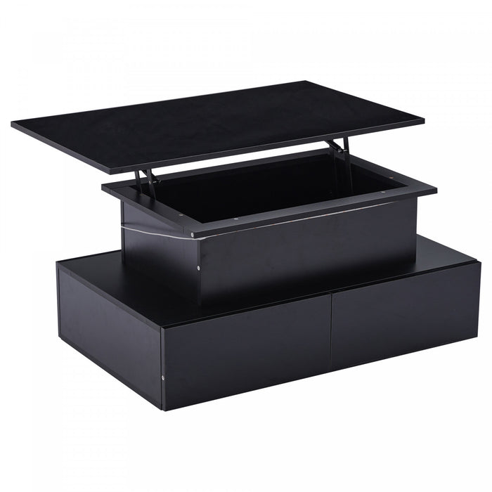 Ethan table basse relevable – table avec eclairage LED et tiroirs de rangement, noir