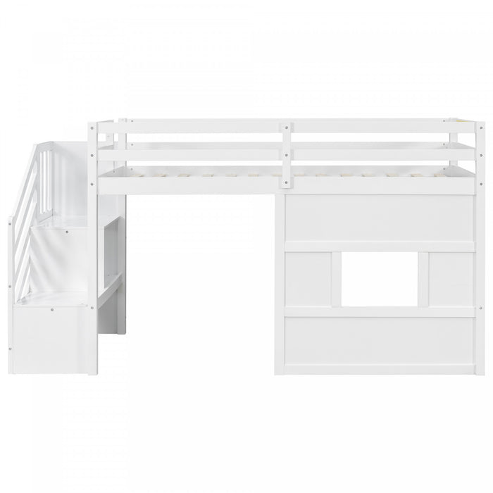Lit mezzanine moderne Pepys avec escalier de rangement et fenetre, taille simple, blanc
