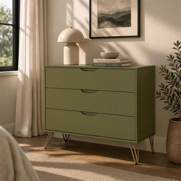 Commode Rockefeller Mid-Century Modern 89 cm en vert olive (3 tiroirs)