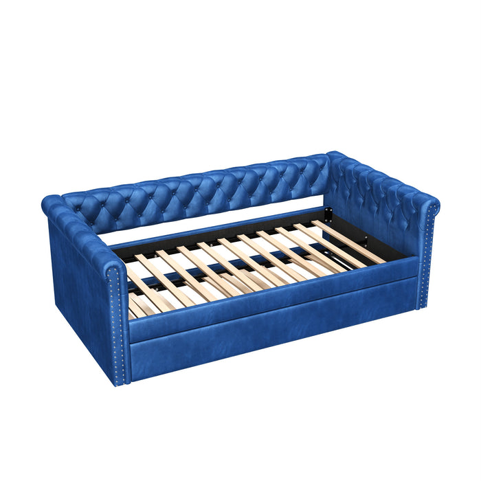Le Daybed Sophia avec design capitonne, revetement en tissu, lit d'appoint avec trundle et dossier confortable, couleur bleue
