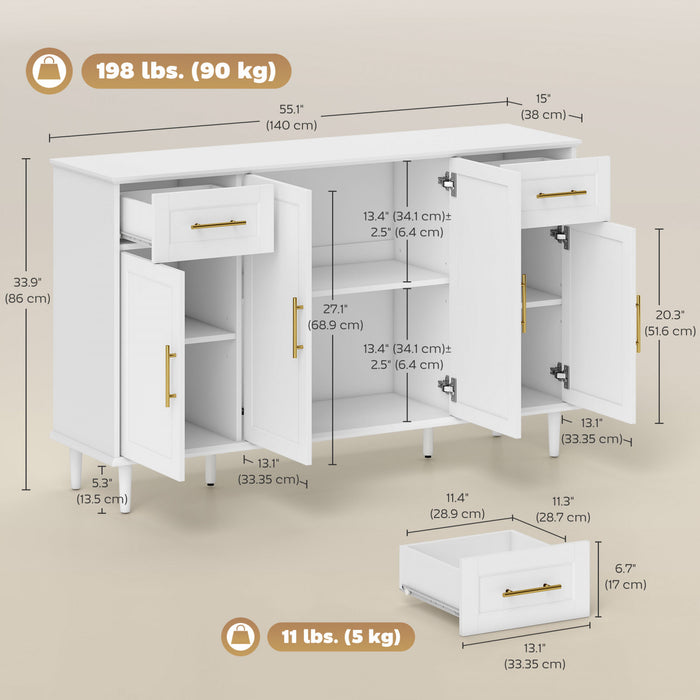 HOMCOM Buffet moderne 55\" avec portes a fermeture amortie, blanc