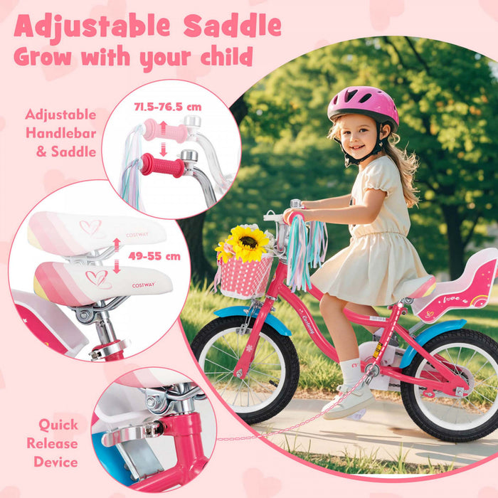 Costway 14 Pouces Enfants Velo Avec Panier Poupee Siege & Streamers Colores 2 Roues D'entrainement Rose