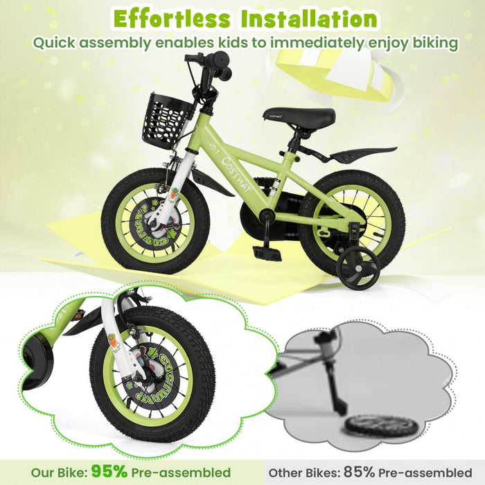 Costway 12\" Velo Pour Enfants Pour 3-4 Avec Guidon Reglable En Hauteur Et Frein A Main En Selle Vert