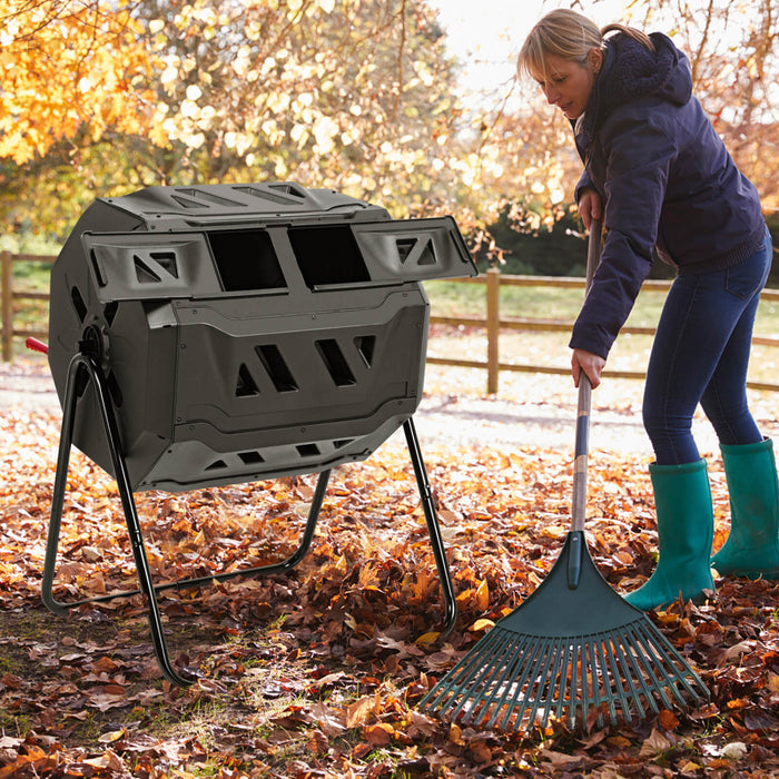 Seau A Compost Rotatif A 360° De 160 L Avec Gants De Jardin, Composteur De Jardin De Grande Capacite Avec Double Chambre, Convient Pour Le Traitement Des Feuilles, Pelures, Noir