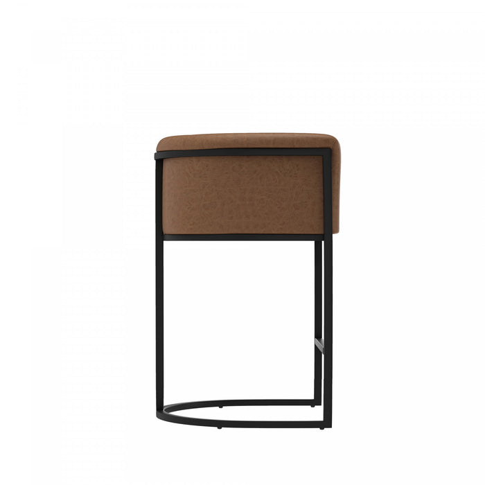 Tabouret de comptoir moderne du milieu du siecle en metal et tissu, finition chataigne