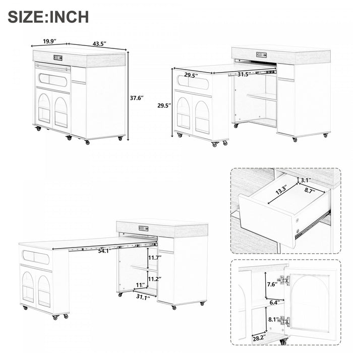 Table a manger extensible Avery avec ilot de cuisine roulant, blanc