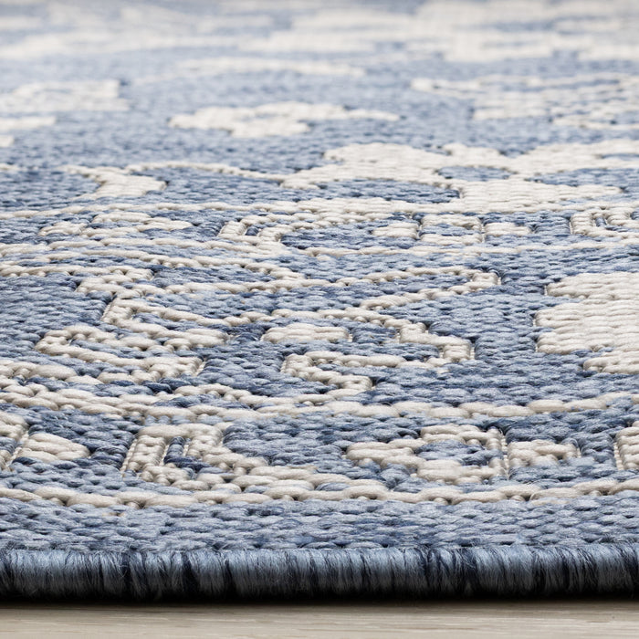 Tapis d'exterieur Cabana bleu et blanc a bordure elegante, 5'3\" x 7'7\"