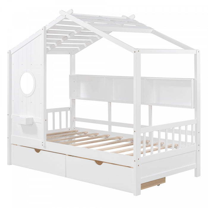 Lit Maison Jeames en Bois avec 2 Tiroirs de Rangement et Etagere, Taille Twin - Blanc