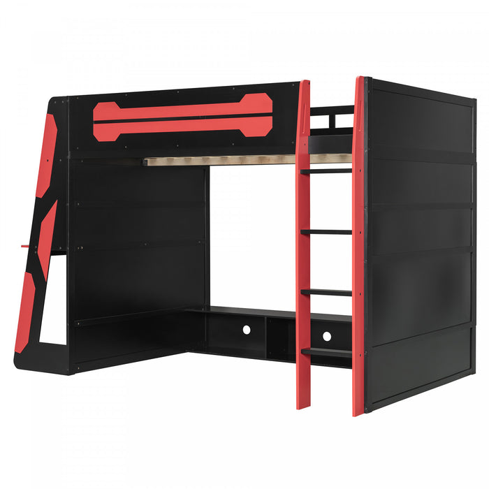 Olivia Lit mezzanine en bois avec bureau et etageres de rangement multiples, Lumiere RGB, Rouge