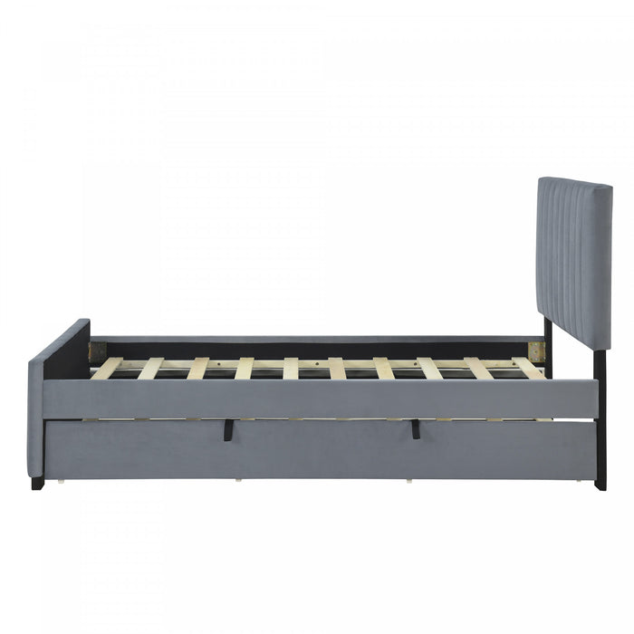 Lit plateforme Ethan rembourre en velours, gain de place, avec tiroir gigogne, taille simple, gris