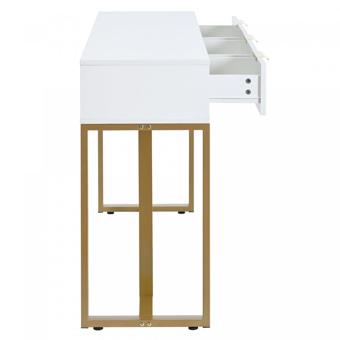 Horizon Table Console Moderne avec Tiroirs Geometriques et Cadre Dore, Blanc/Or
