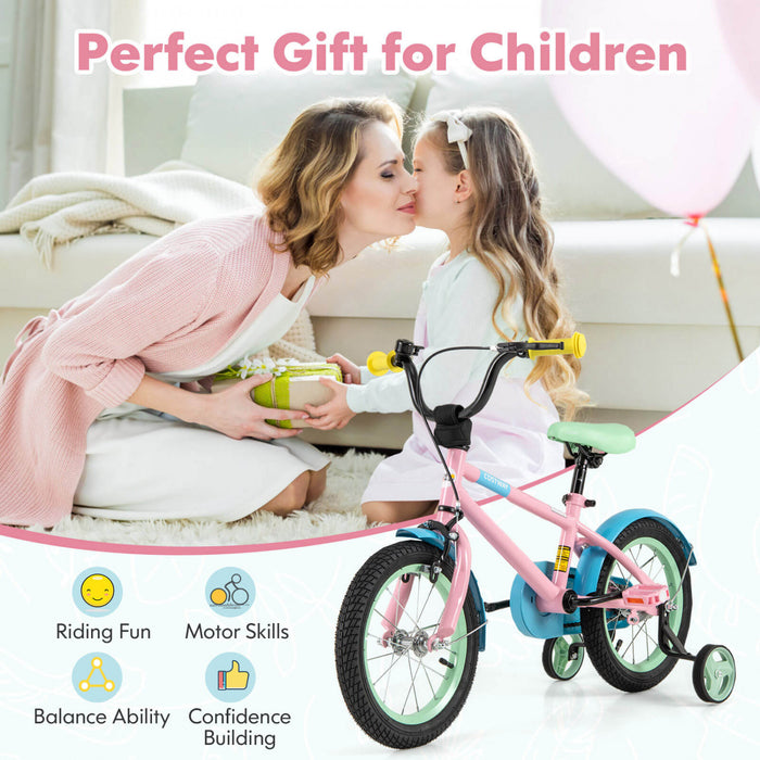 Costway 14\" Velo Pour Enfants Avec Guidon Reglable De Selle Roues D'entrainement Amovibles Frein A Main Rose
