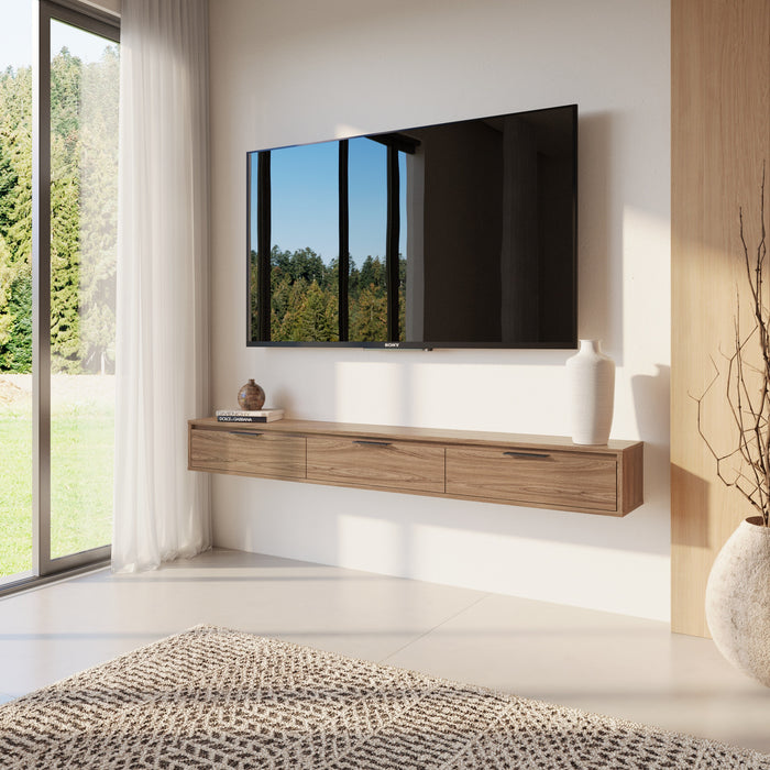 Meuble pour téléviseur mural mince Nordika de 72 po avec 3 armoires de rangement - noyer clair