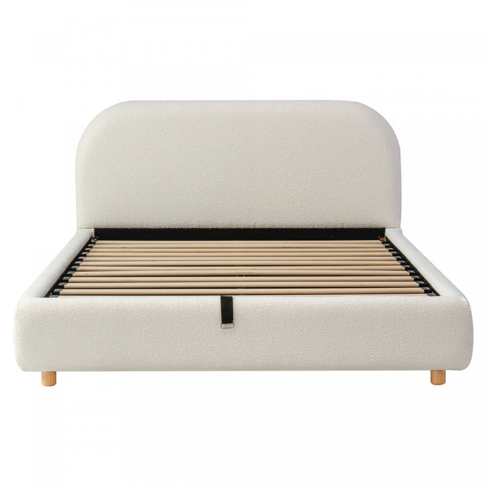 Lit plateforme Laurel avec coffre de rangement a levage hydraulique, tapisserie bouclee et espace de rangement cache sous le lit, taille Queen, blanc