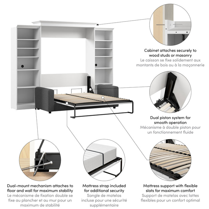 Grand lit escamotable Versatile de Bestar de 115 po (L) avec sofa et organisateurs de garde-robe - blanc 