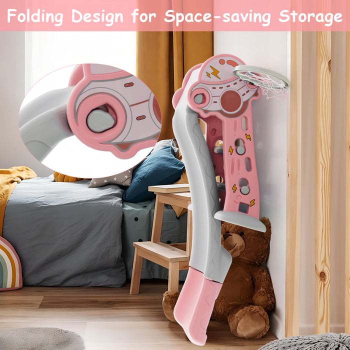 Costway 3-en-1 Enfants Coulisse Interieure Avec Cercle De Basket-ball Et Basket-ball, Zone Tampon Sure Rose