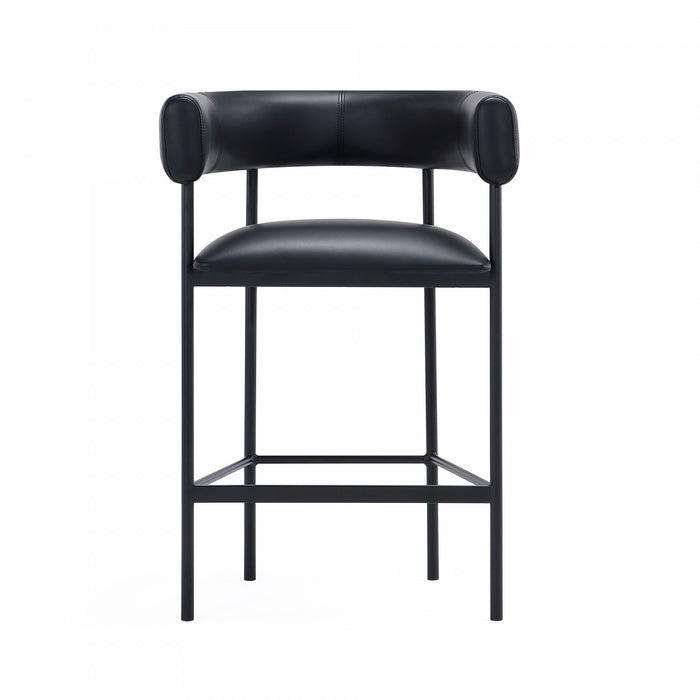 Tabouret de comptoir contemporain Onda en cuir vegetalien et metal, coloris noir