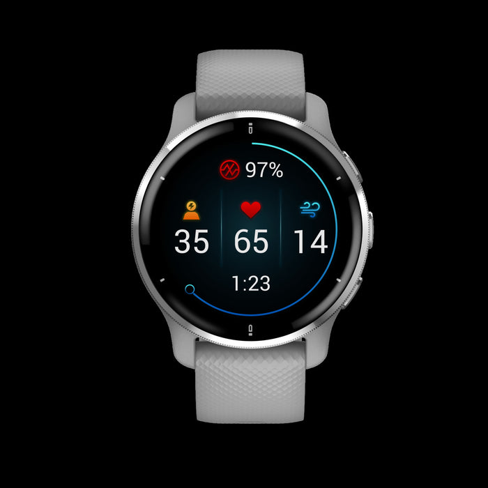Montre Connectee Garmin Venu® 2 Plus - Suivi De Fitness, Lunette En Acier Inoxydable Argente Avec Boitier Gris Poudre