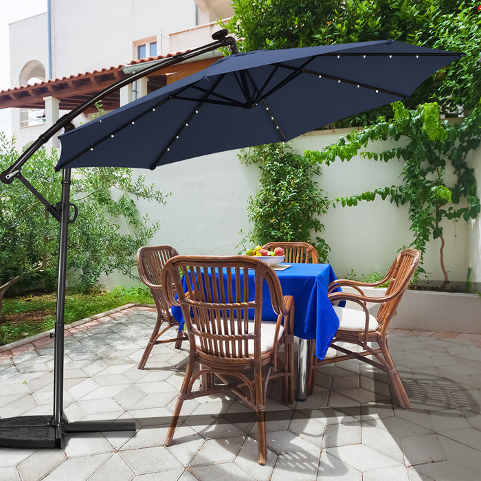 Costway Parasol deporte de patio de 10 pieds, alimente par energie solaire, LED, rotation a 360 degres, aluminium, bleu marine